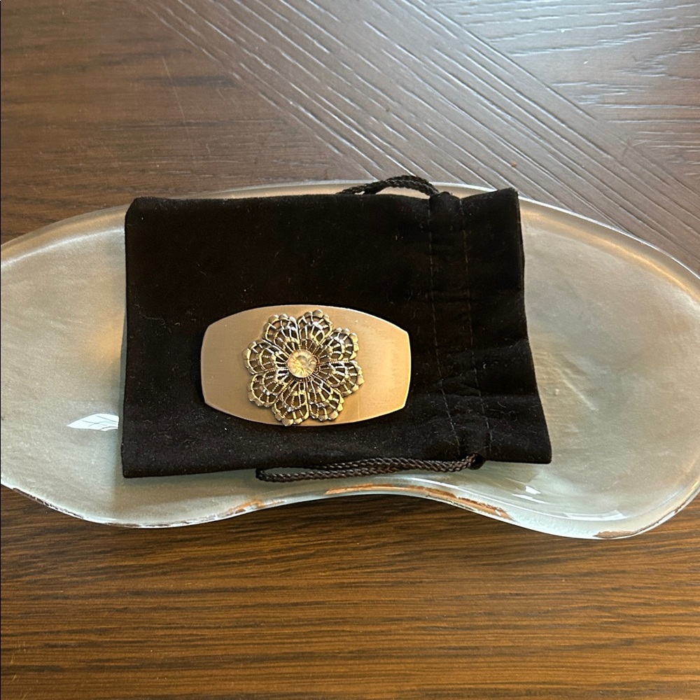 Pewter Floral Brooch with Center Stone. Dusty included